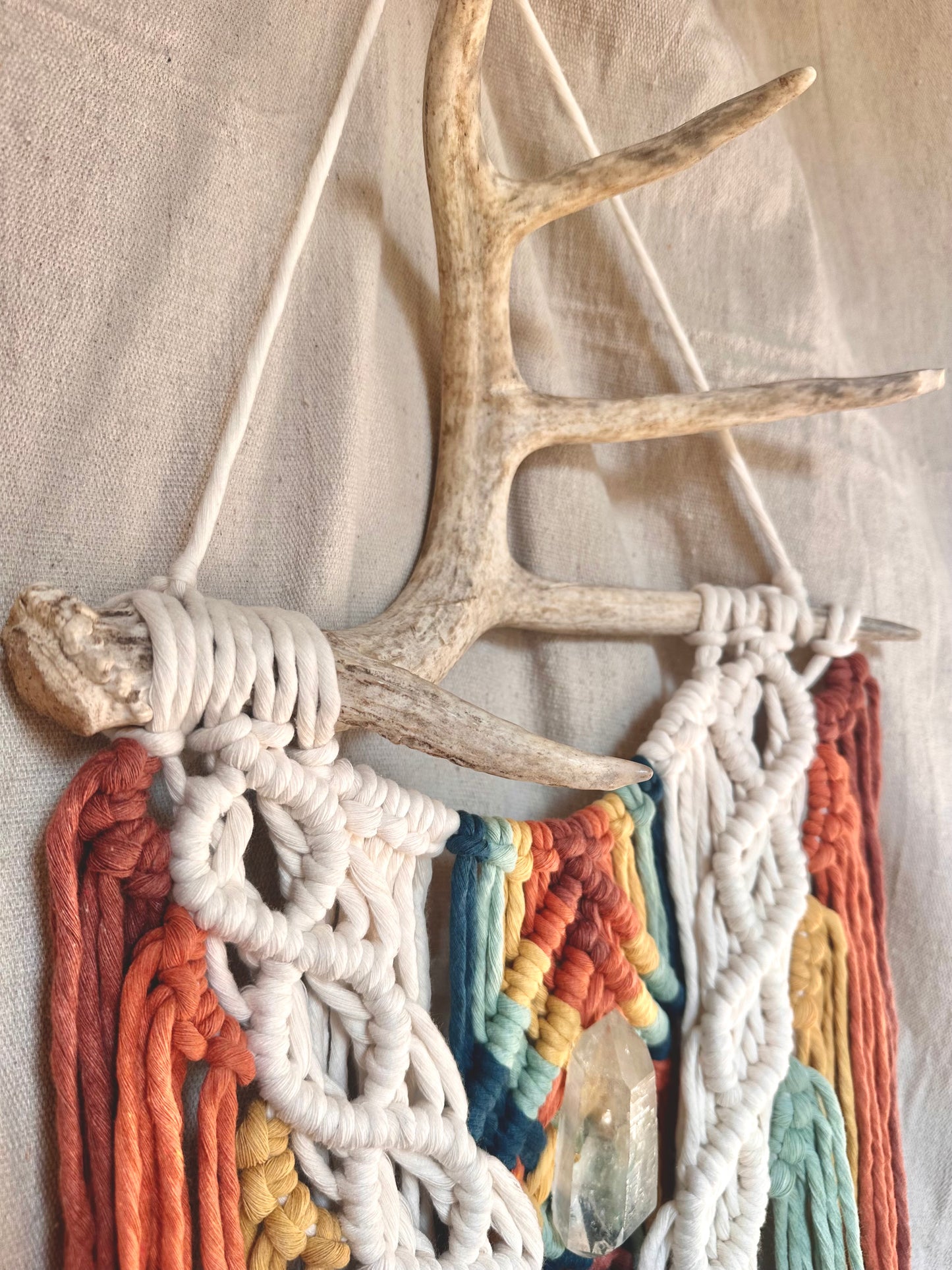 Rainbow Macrame Wall Hanging with Quartz and Airplant