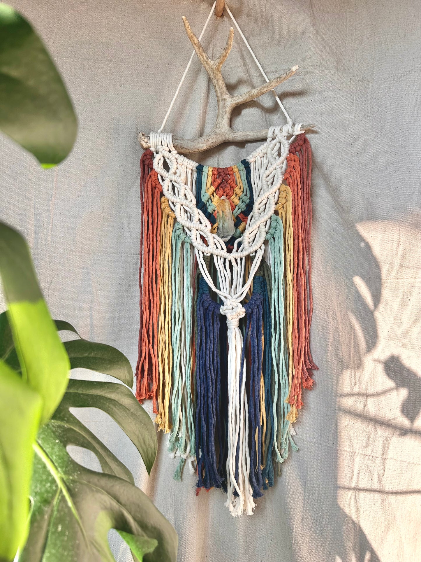 Rainbow Macrame Wall Hanging with Quartz and Airplant