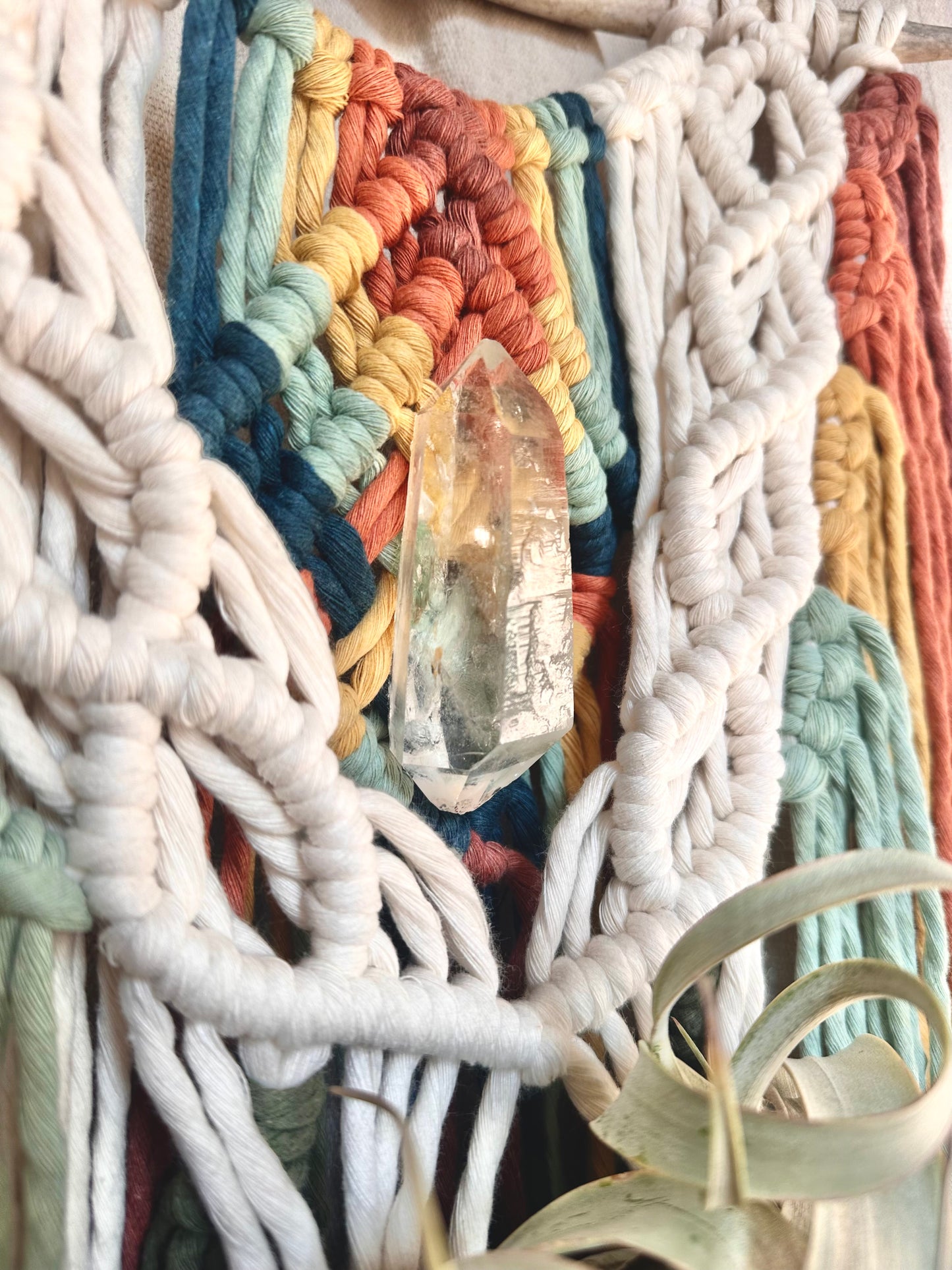 Rainbow Macrame Wall Hanging with Quartz and Airplant